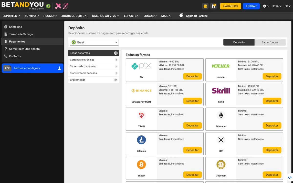 Betandyou Casino — Payments, captured from Brazil