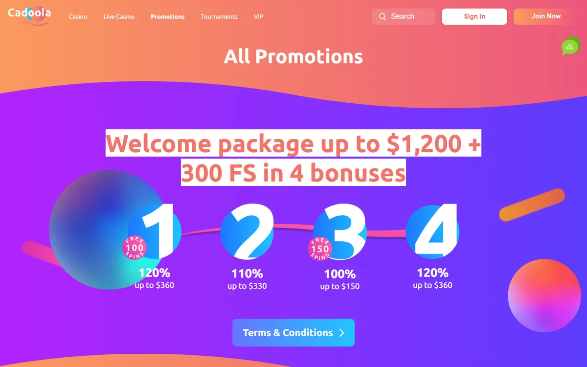 Cadoola Casino — Promotions, captured from Canada