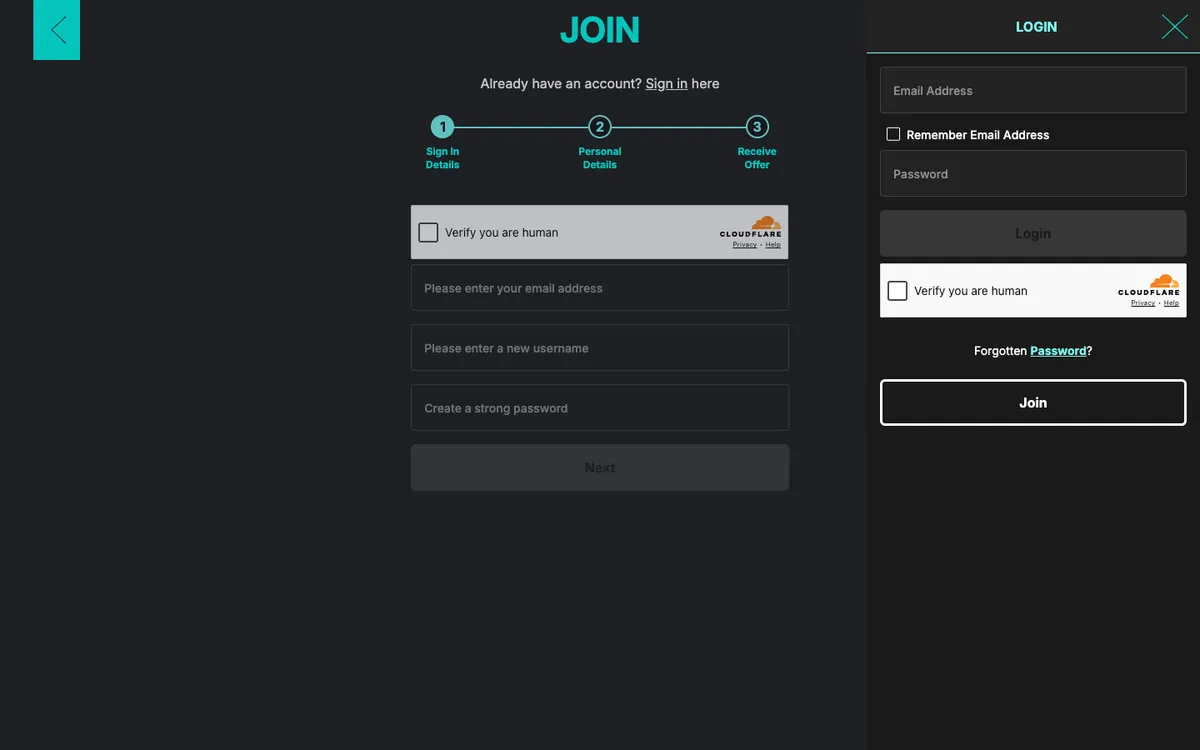 Spin and Win Casino — Sign-up, captured from United Kingdom