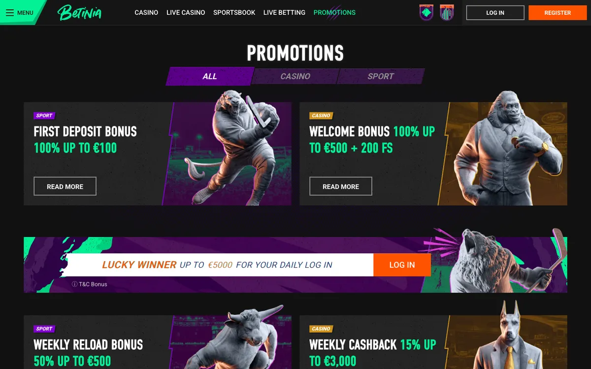 Betinia Casino — Promotions, captured from New Zealand