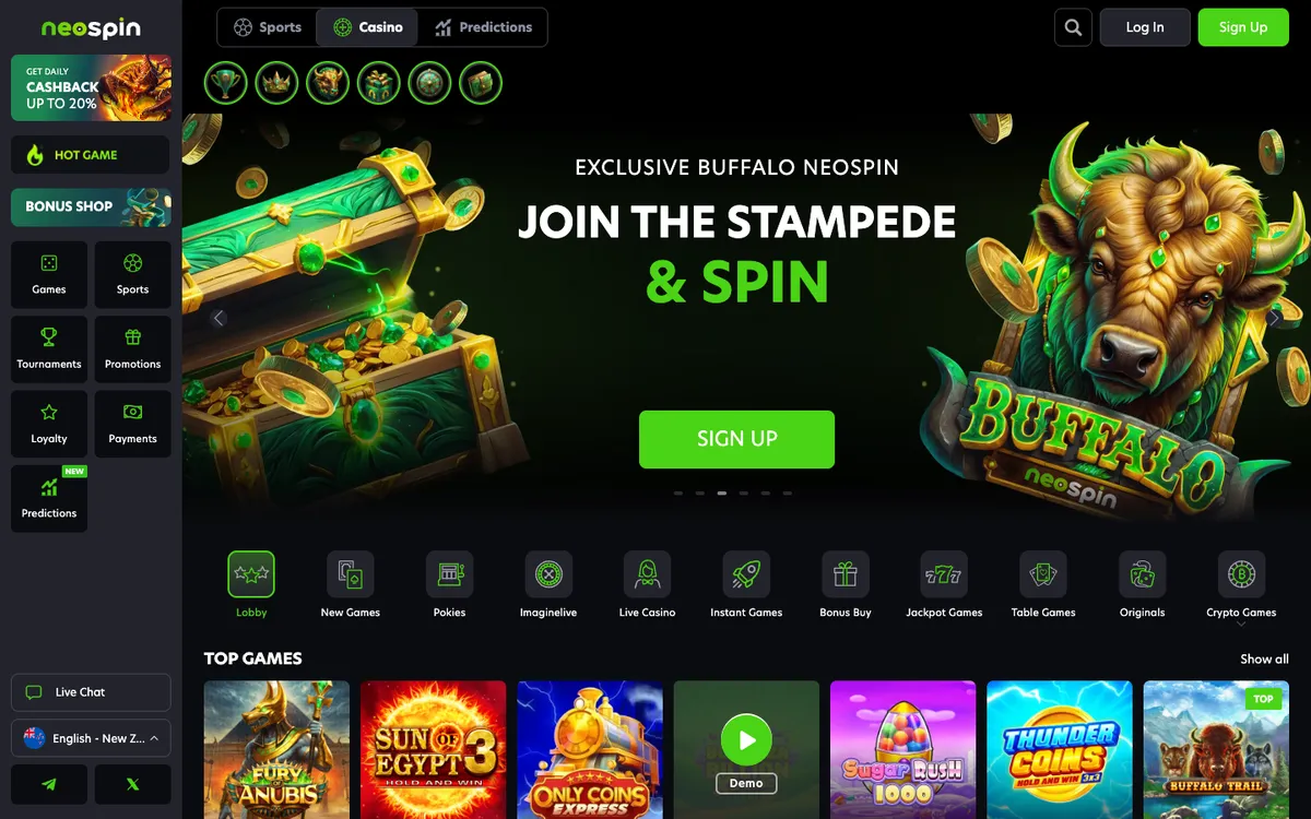 Neospin Casino — «Главная», снято из страны Новая Зеландия