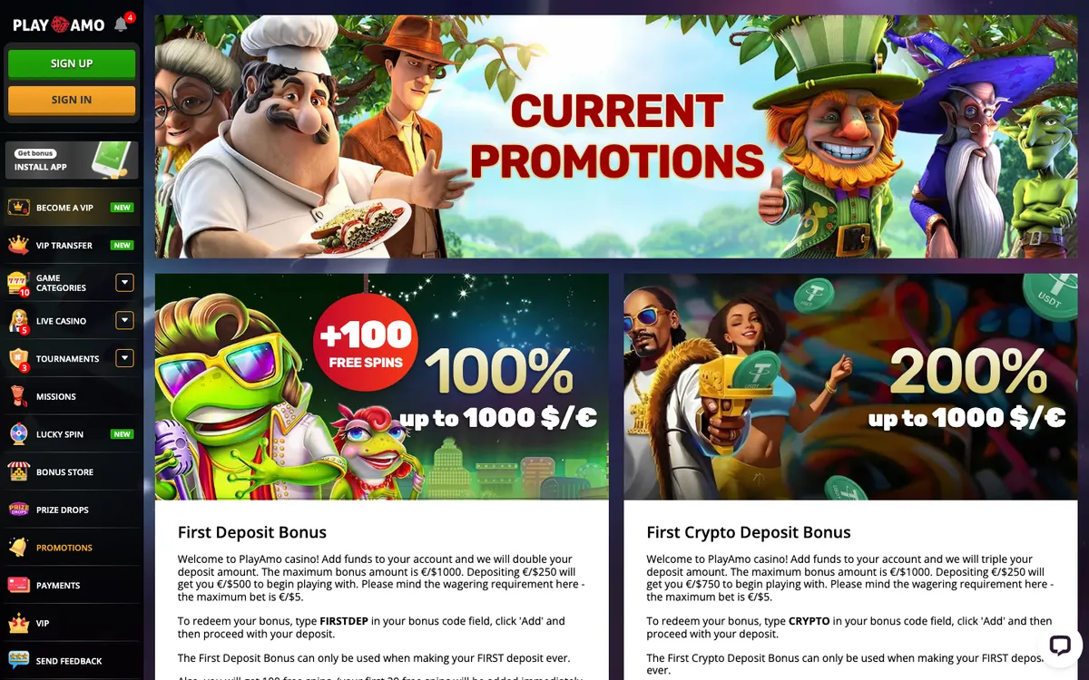 Playamo Casino — Promotions, captured from Czechia