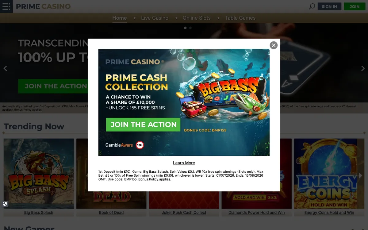 Prime Casino — Home page, captured from United Kingdom