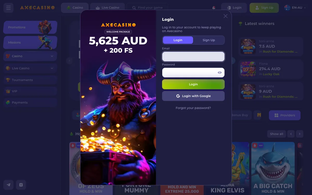 Axecasino — «Регистрация», снято из страны Австралия