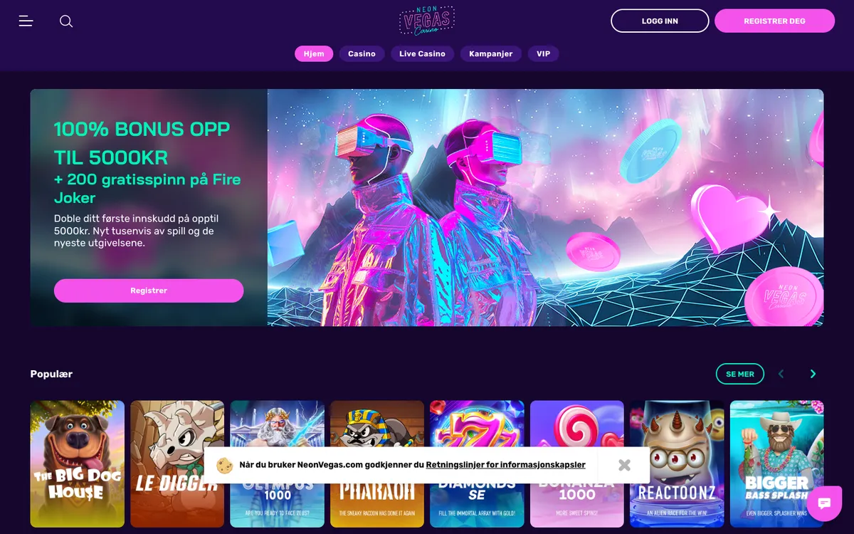 NeonVegas Casino — Home page, captured from Norway
