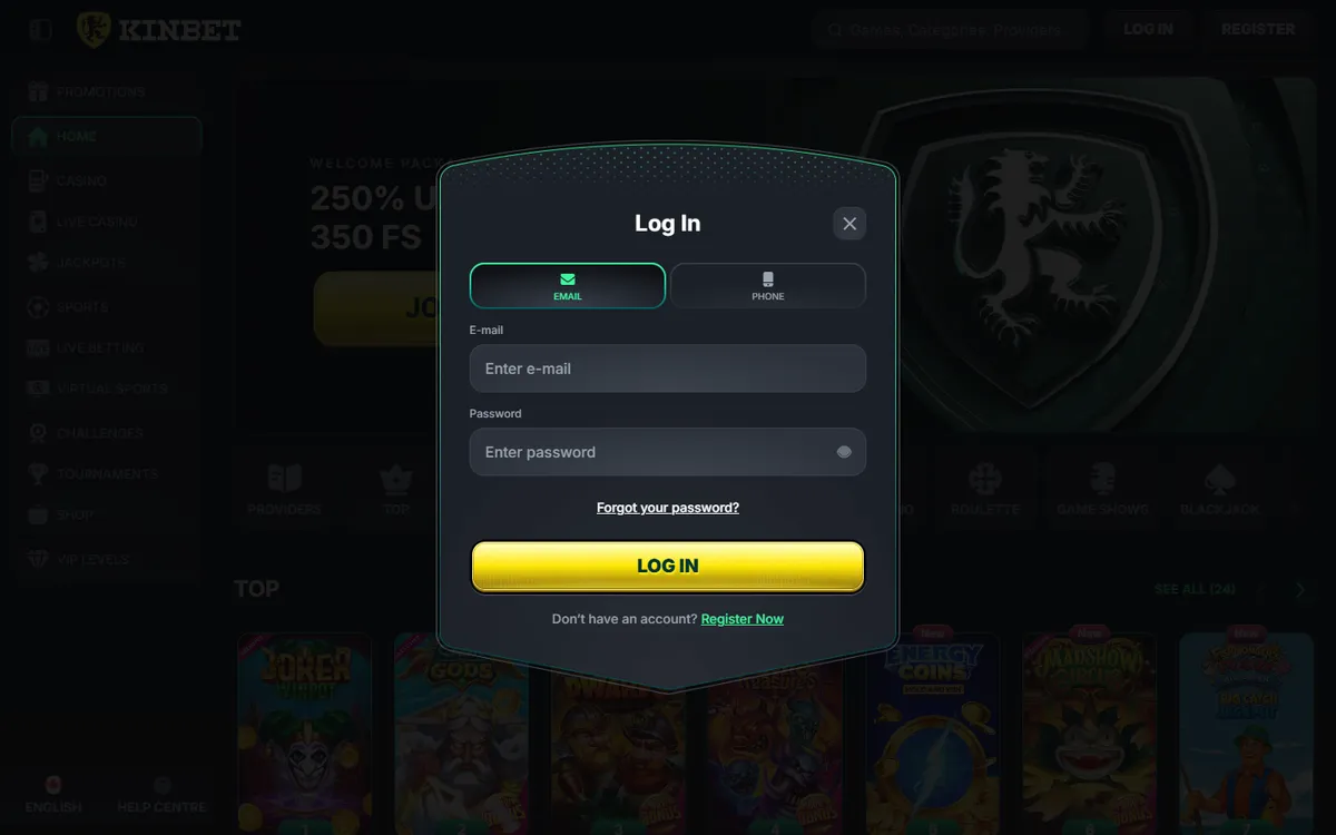 Kinbet Casino — Sign-up, captured from Canada