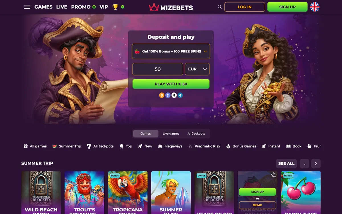Wizebets Casino — Home page, captured from Belgium