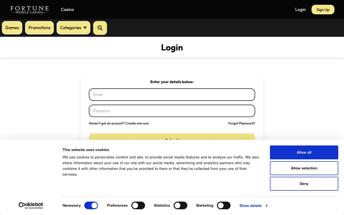 Fortune Mobile Casino — Sign-up, captured from United Kingdom