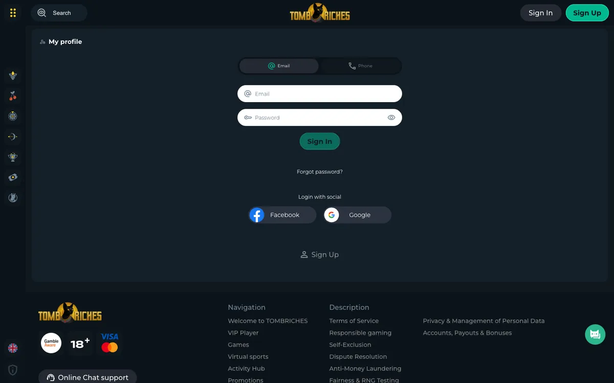 Tomb Riches Casino — Sign-up, captured from Australia
