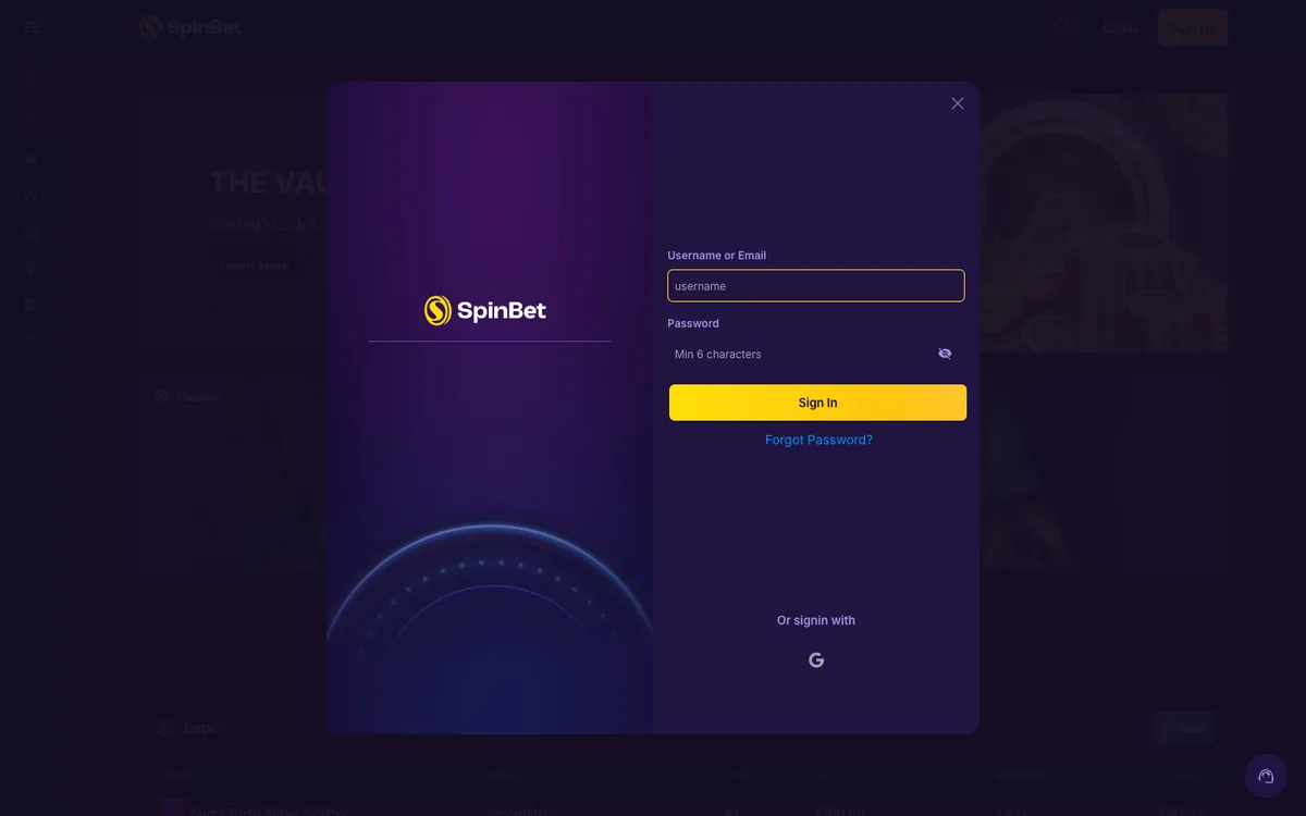 SpinBet Casino — «Регистрация», снято из страны Канада