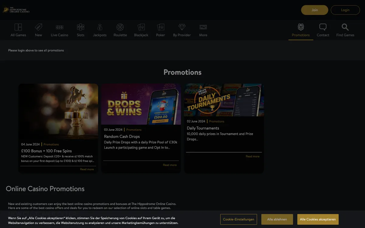 Hippodrome Online Casino — «Акции», снято из страны Австрия