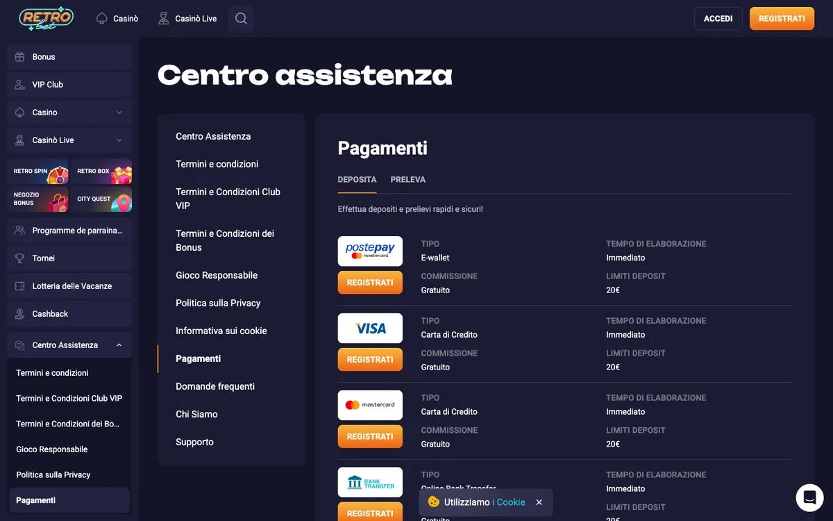Retro Bet Casino — Payments, captured from Italy