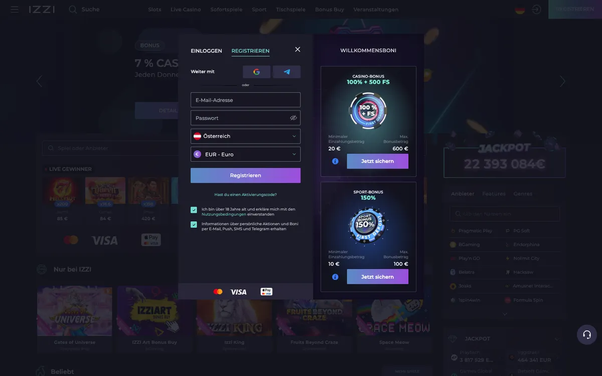 Izzi Casino — Home page, captured from Austria