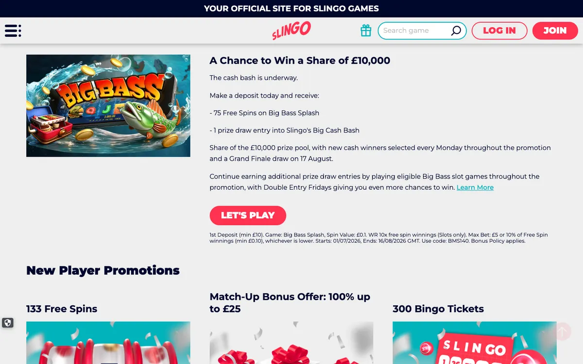 Slingo Casino — Promotions, captured from South Africa