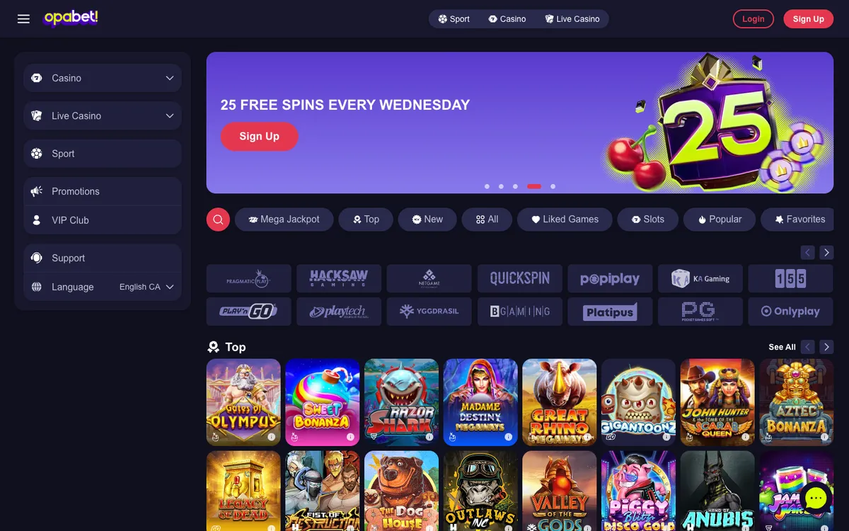 Opabet Casino — Home page, captured from Canada