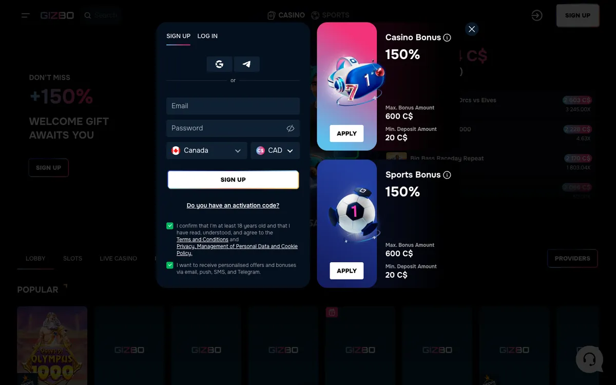 Gizbo Casino — Sign-up, captured from Canada