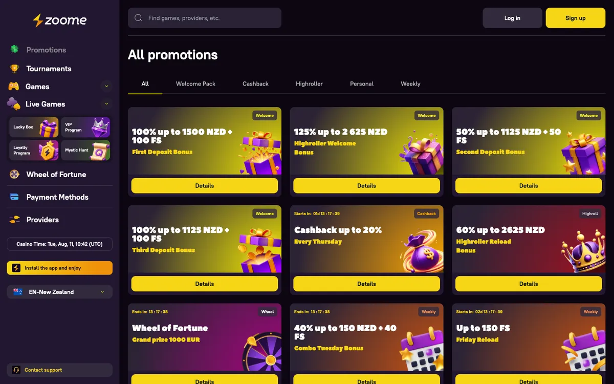 Zoome Casino — «Акции», снято из страны Новая Зеландия