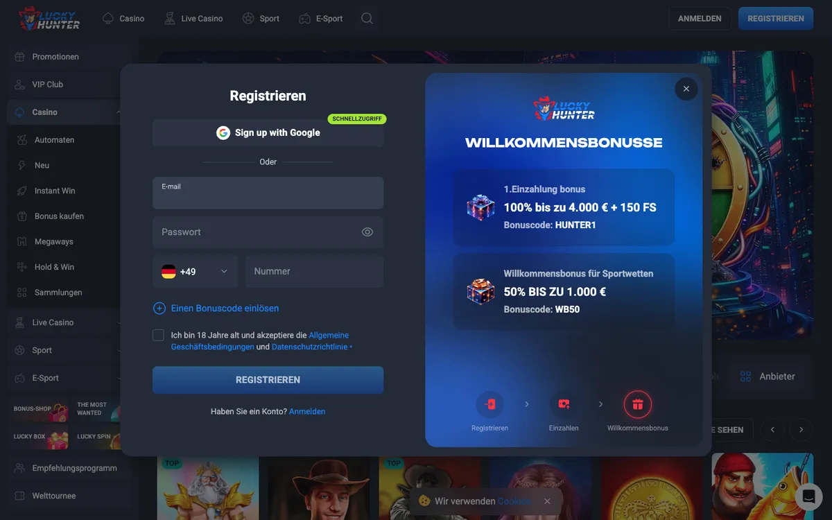 Lucky Hunter Casino — Sign-up, captured from Germany