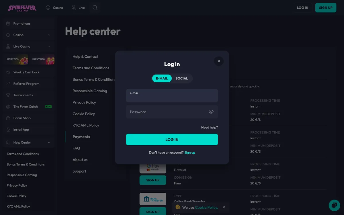 SpinFever Casino — «Регистрация», снято из страны Канада
