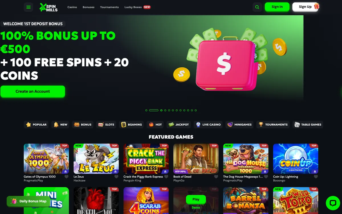 SpinMills Casino — Home page, captured from Chile