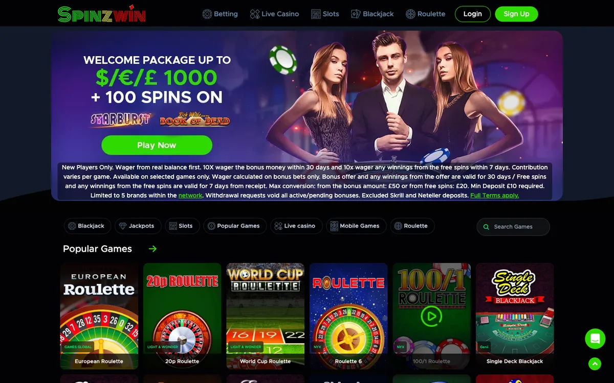 Spinzwin Casino — Home page, captured from United Kingdom