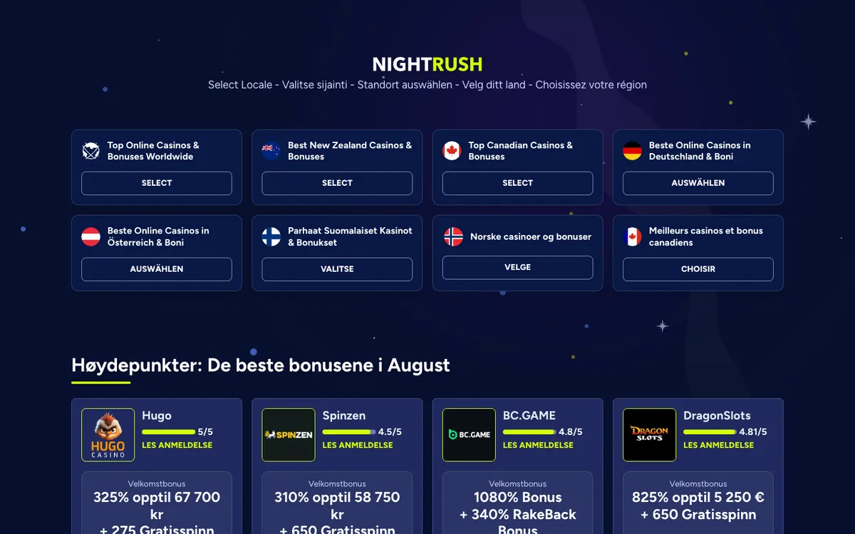NightRush Casino — Home page, captured from Norway