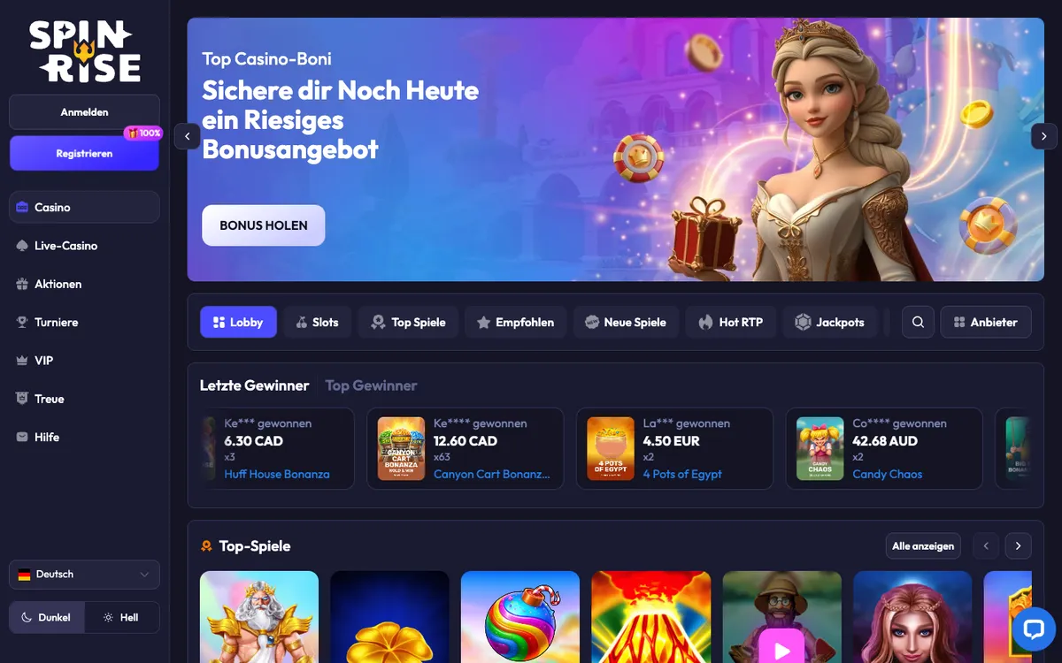Spinrise Casino — Home page, captured from Germany