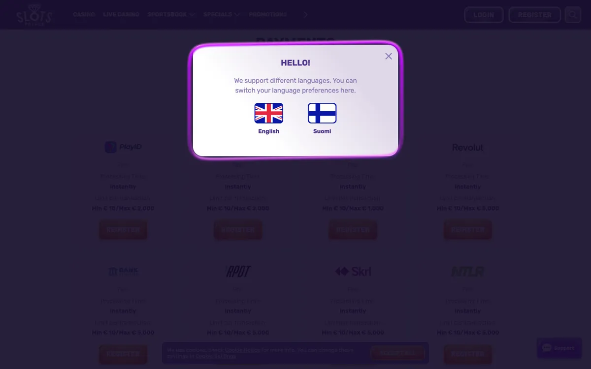 SlotsPalace Casino — «Платежи», снято из страны Финляндия