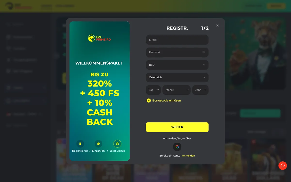BetPRIMEIRO Casino — «Платежи», снято из страны Австрия