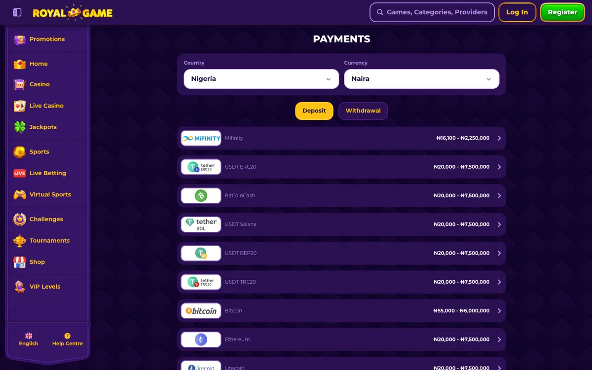 RoyalGame Casino — Payments, captured from Nigeria