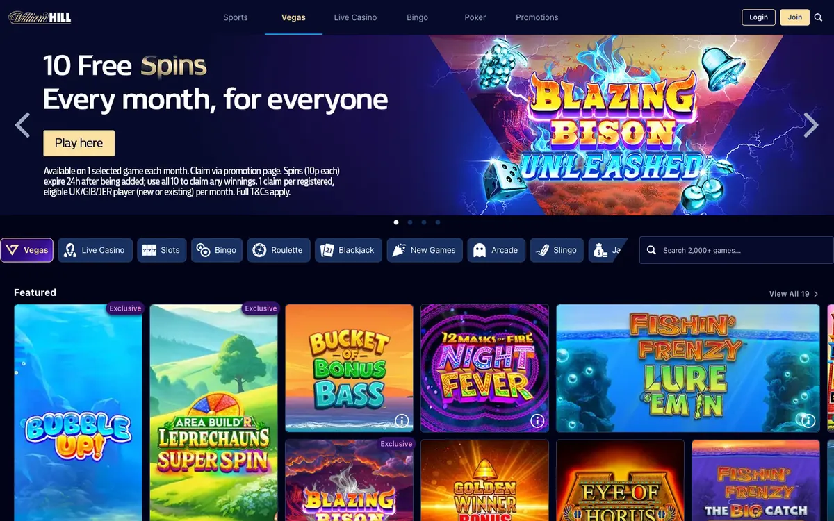 William Hill Vegas — Home page, captured from United Kingdom