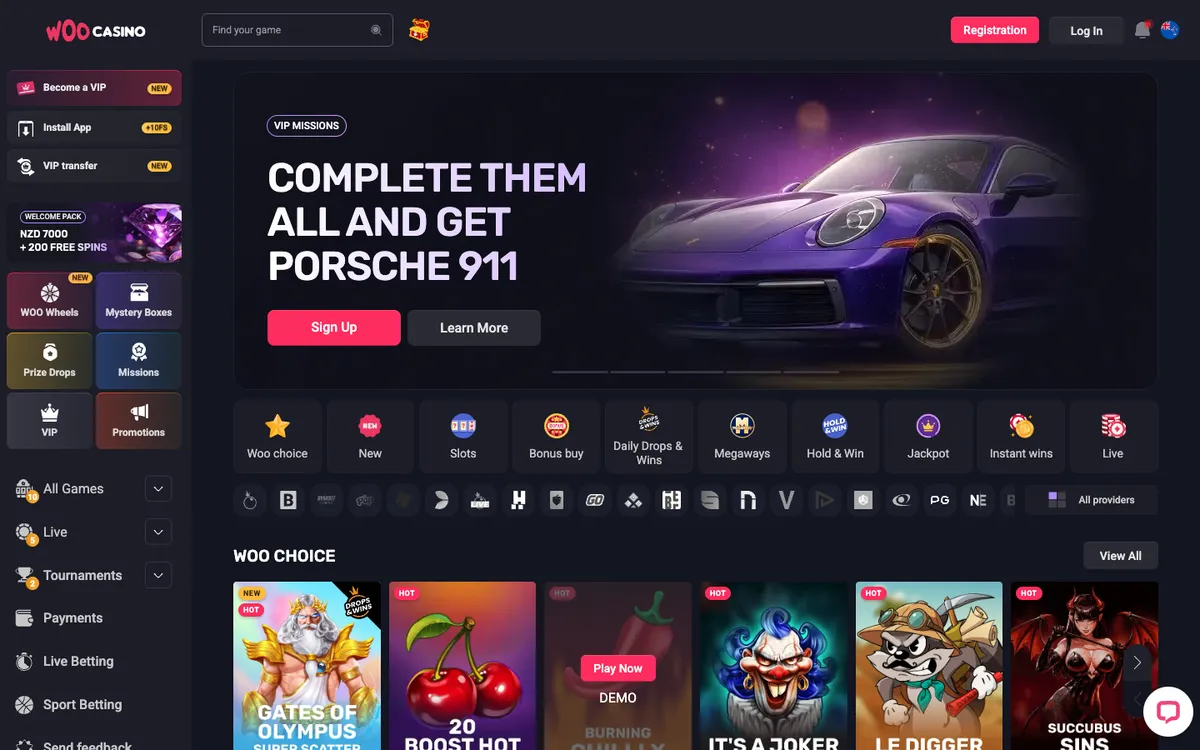 Woocasino — «Главная», снято из страны Новая Зеландия