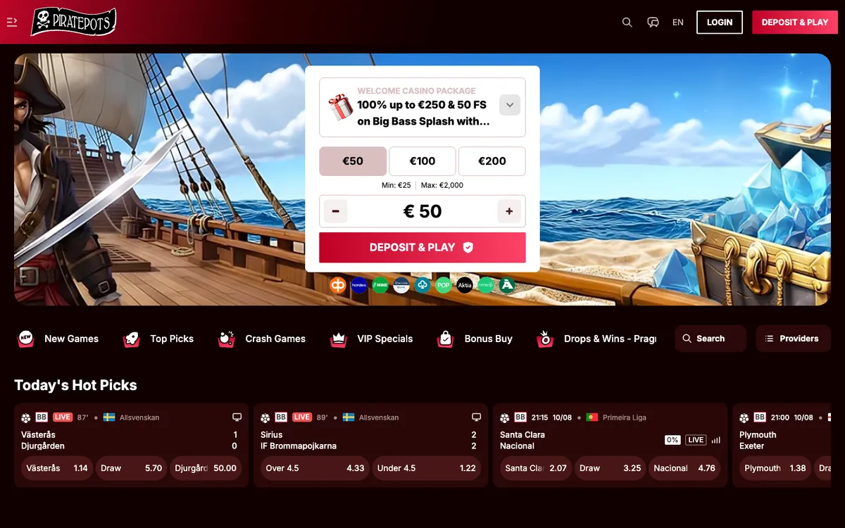 Piratepots Casino — Home page, captured from Finland