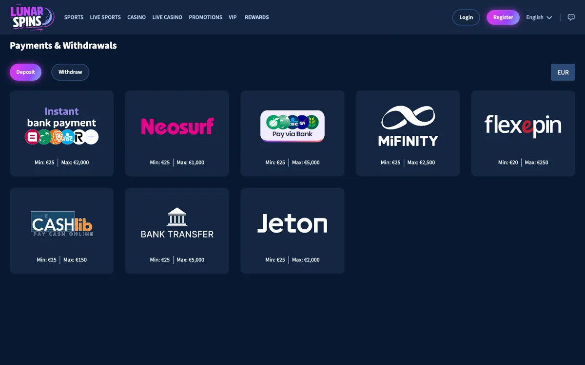 Lunarspins Casino — Payments, captured from Belgium