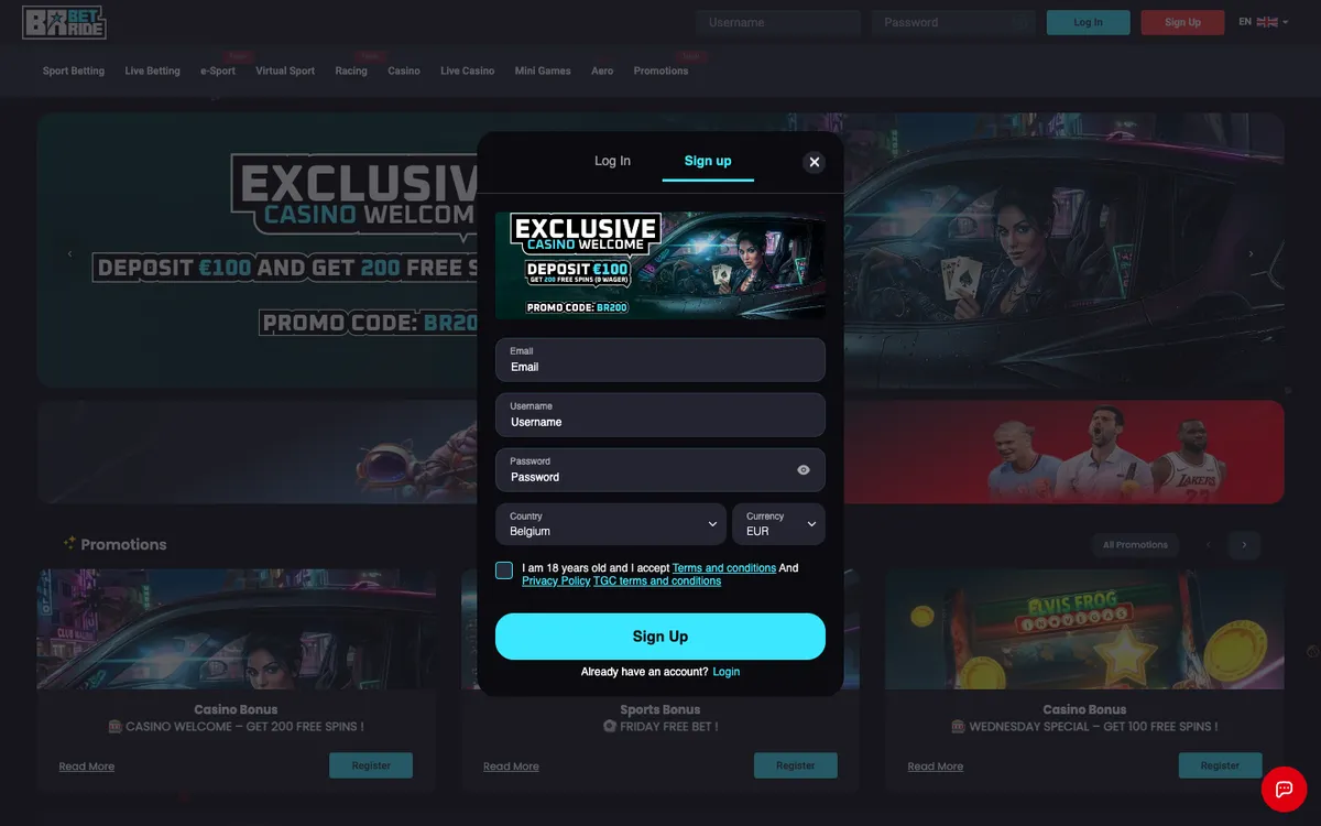 Betride Casino — Sign-up, captured from Belgium