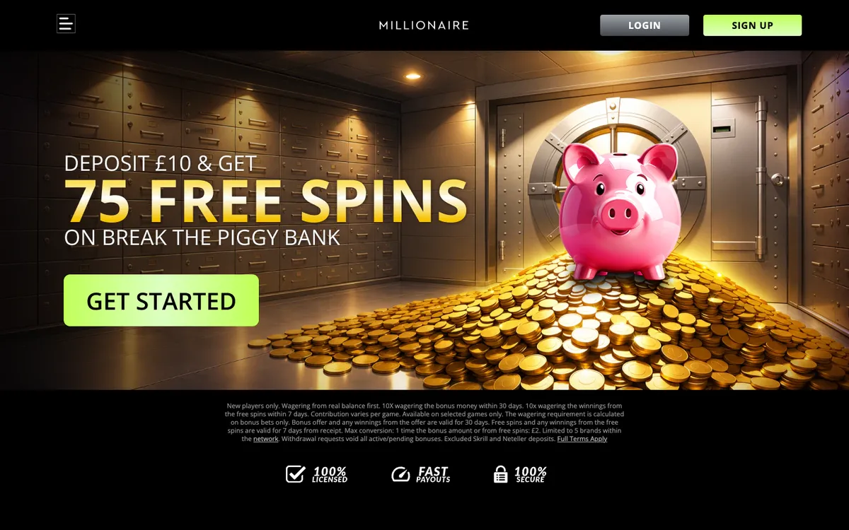 Millionaire Casino — Home page, captured from United Kingdom