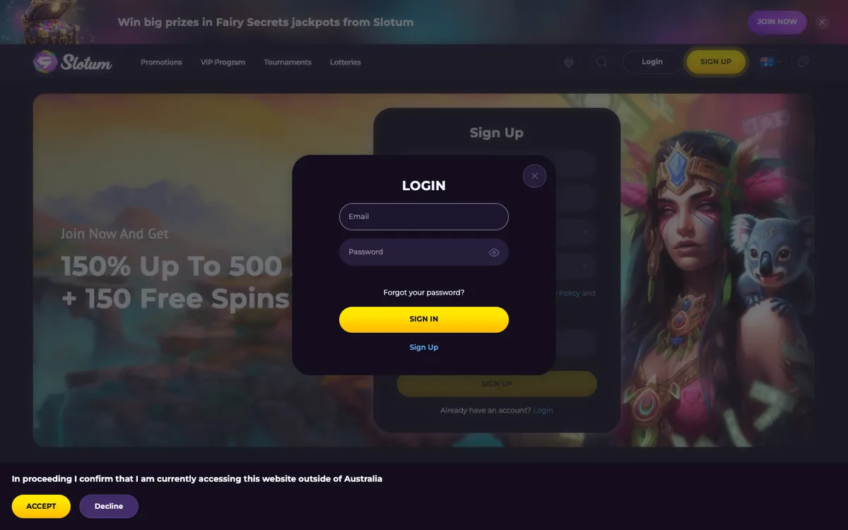 Slotum Casino — «Регистрация», снято из страны Австралия