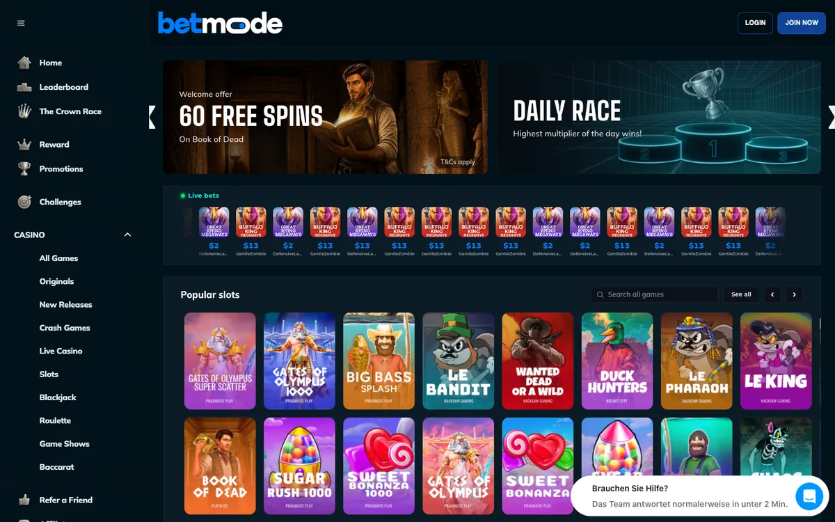 BetMode Casino — Home page, captured from Austria