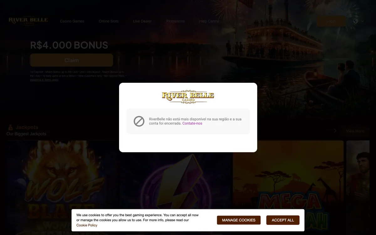 River Belle Casino — Home page, captured from Brazil