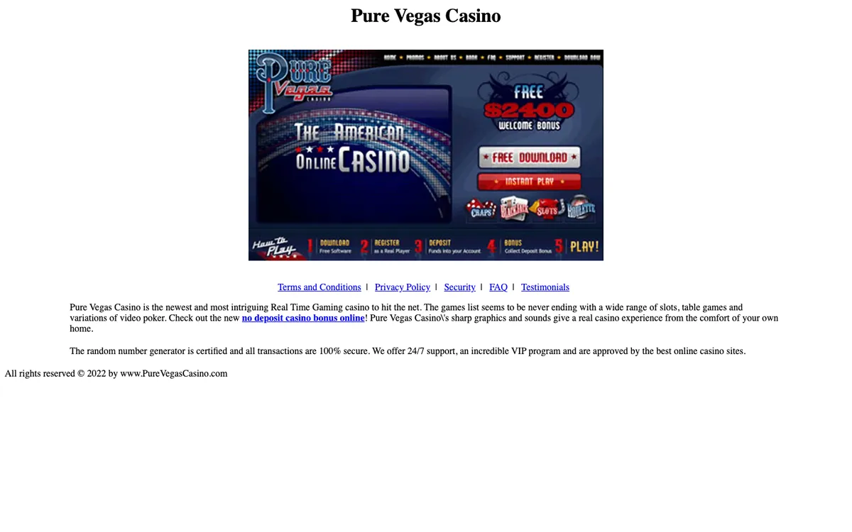 Pure Vegas Casino — Home page, captured from United States