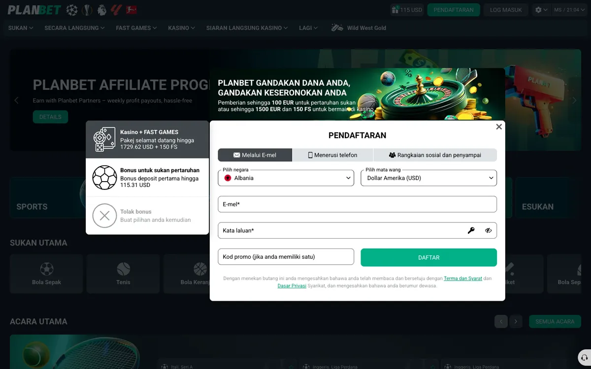 Planbet Casino — «Главная», снято из страны Малайзия