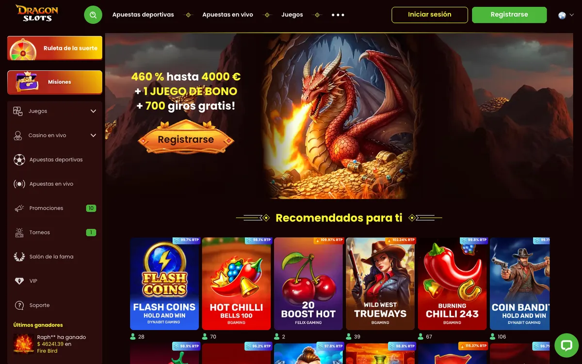 Dragonslots Casino — «Главная», снято из страны Колумбия