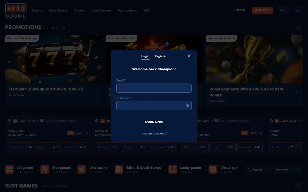 Spinbookie Casino — Sign-up, captured from Portugal