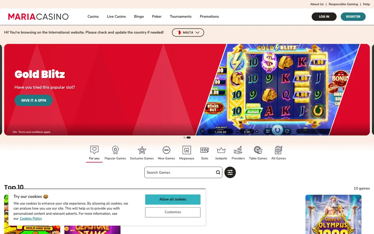 Maria Casino — Home page, captured from Norway