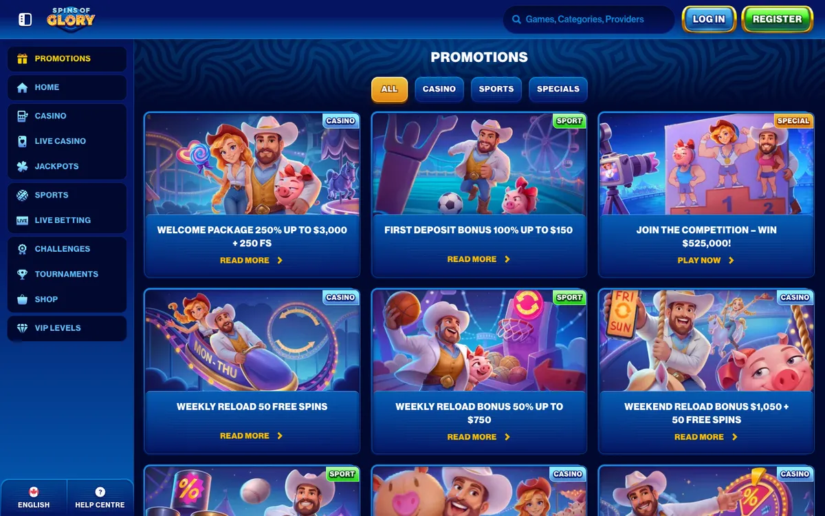 Spins of Glory Casino — Promotions, captured from Canada