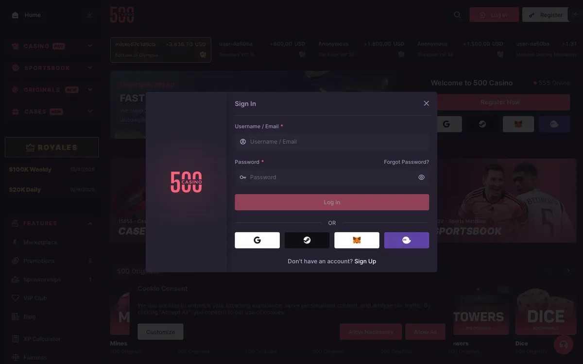 500 Casino — Sign-up, captured from Germany
