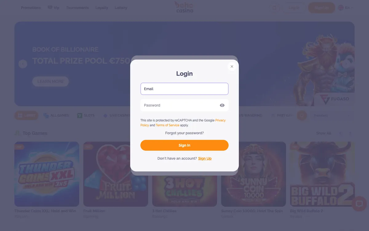 Boho Casino — «Регистрация», снято из страны ОАЭ