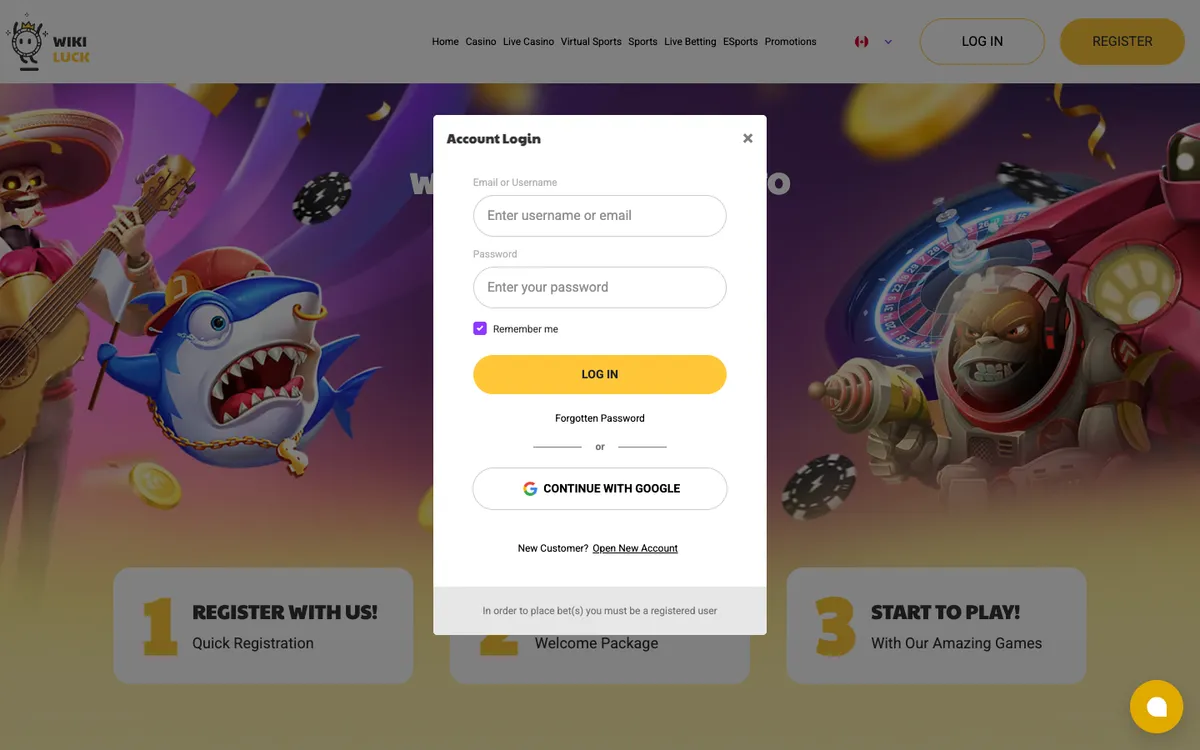 WikiLuck Casino — Sign-up, captured from Canada