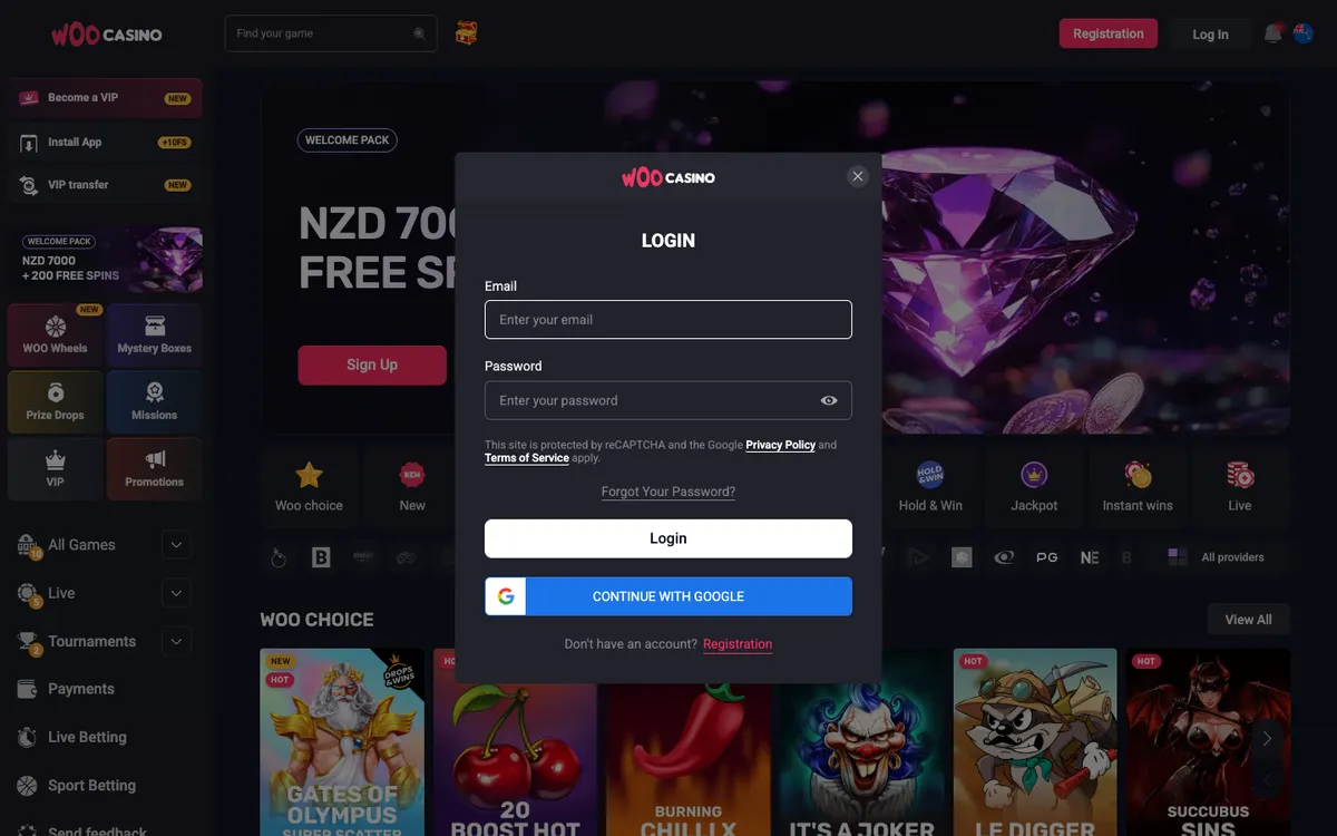 Woocasino — «Регистрация», снято из страны Новая Зеландия