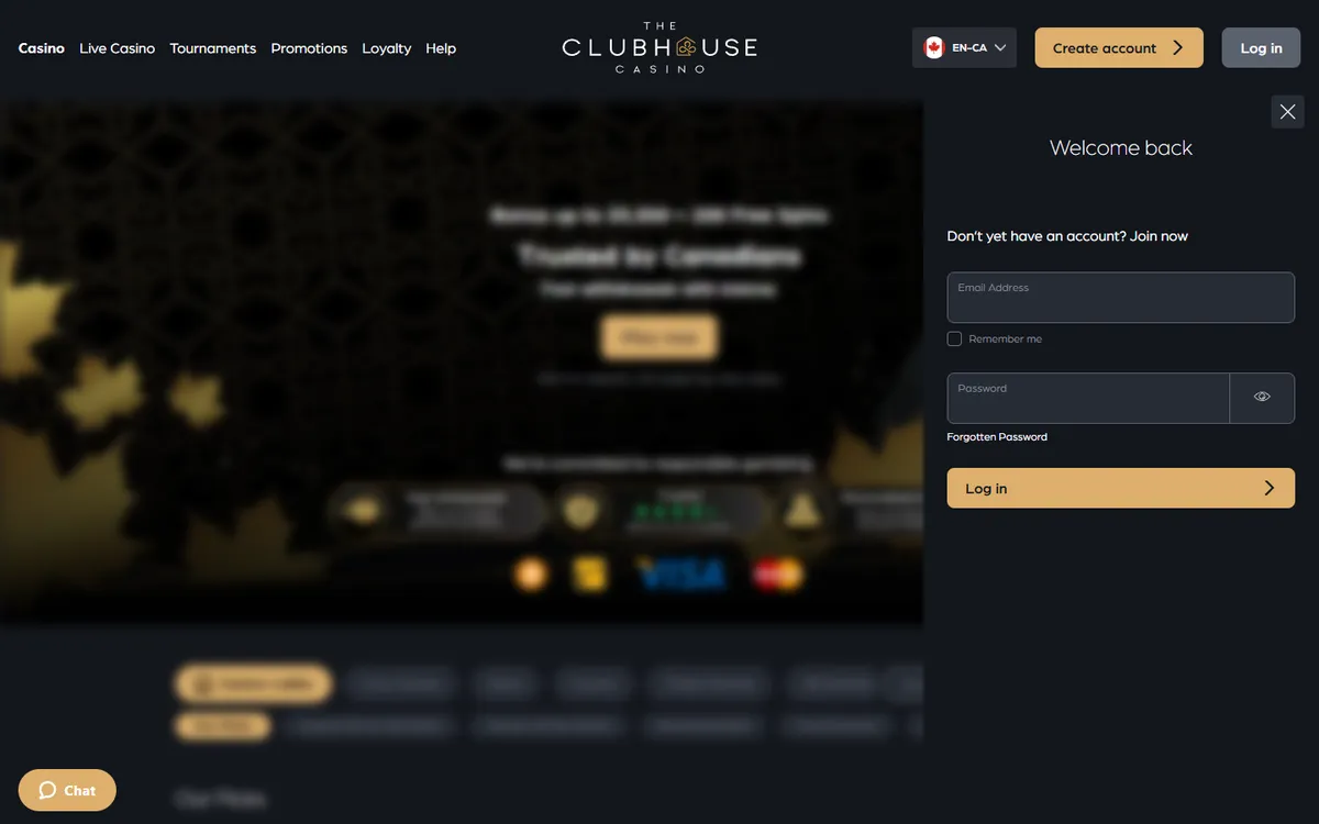 The ClubHouse Casino — Sign-up, captured from Canada